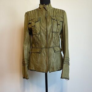 Olive Utility-Inspired Distressed Leather Jacket- Unique Statement Piece